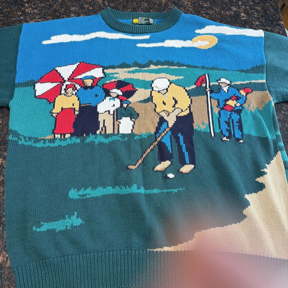 Vintage 90s Golden Bear Jack Nicklaus Golf Scene AOP Intarsia Cotton Sweater  XL